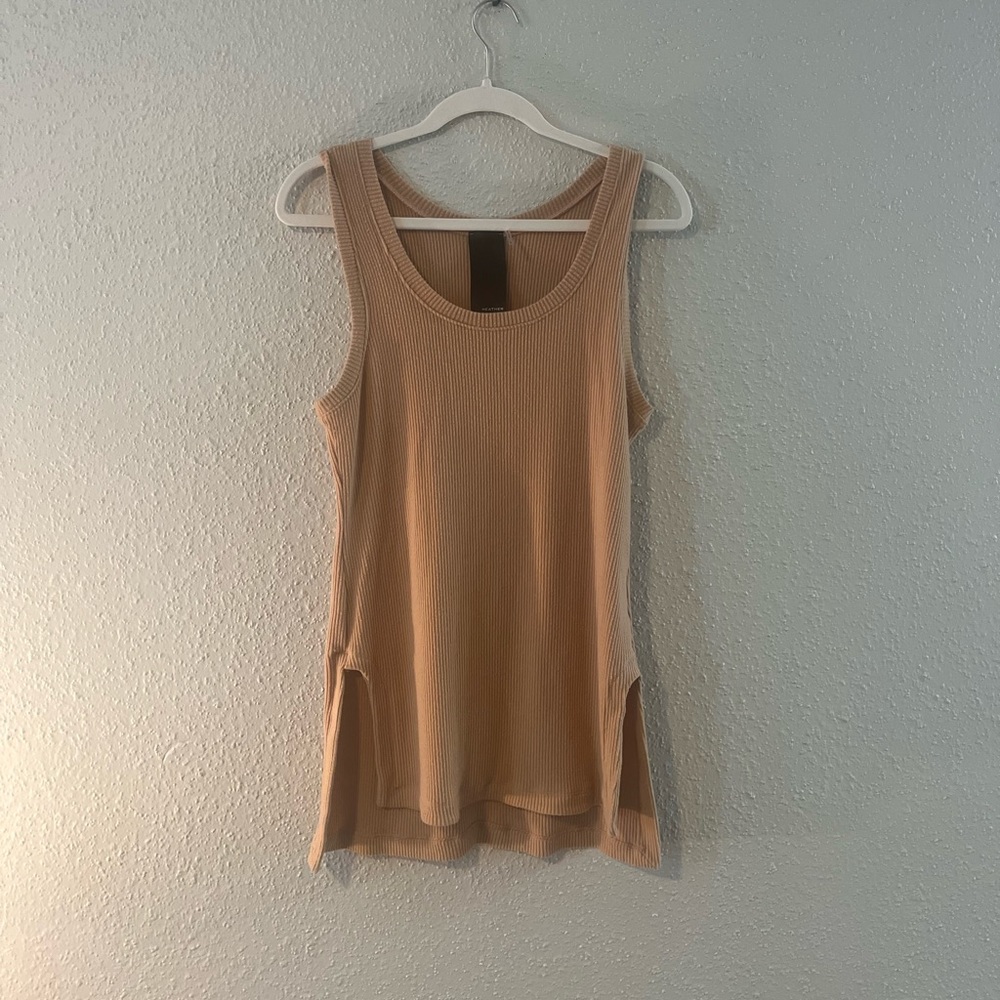 Heather Womens Tank Top Brown Sleeveless Scoop Neck Slit Ribbed Stretch Casual M